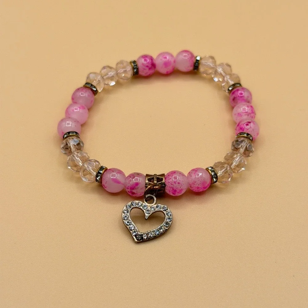 Pink Crystal Beaded Heart Charm Stretch Bracelet Romantic Coquette Statement